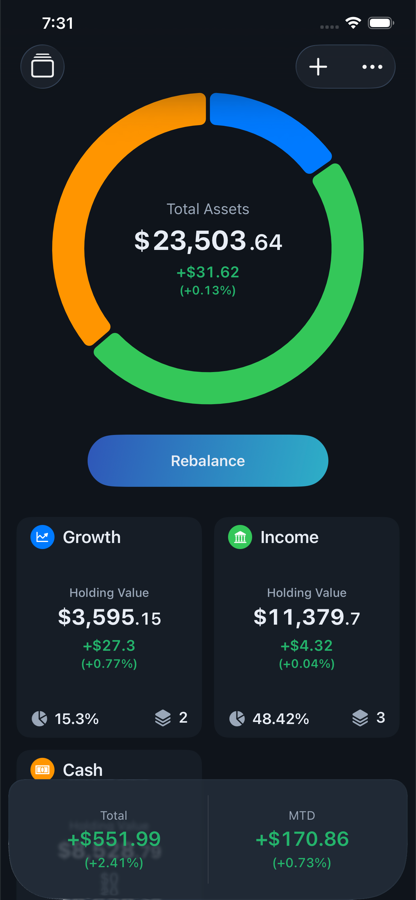Refolio home screen showing total assets, allocation ring, and allocation cards.