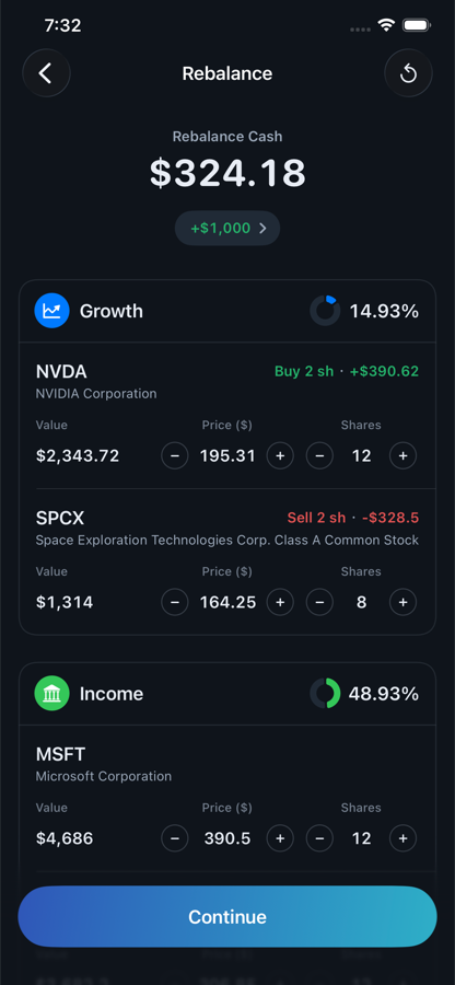 Refolio rebalance editor with stock adjustments and rebalance cash.